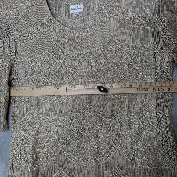 Neiman Marcus Top Womens Small Gold Metallic Fringe Crochet Knit Scallop Hem Vtg - Picture 8 of 11